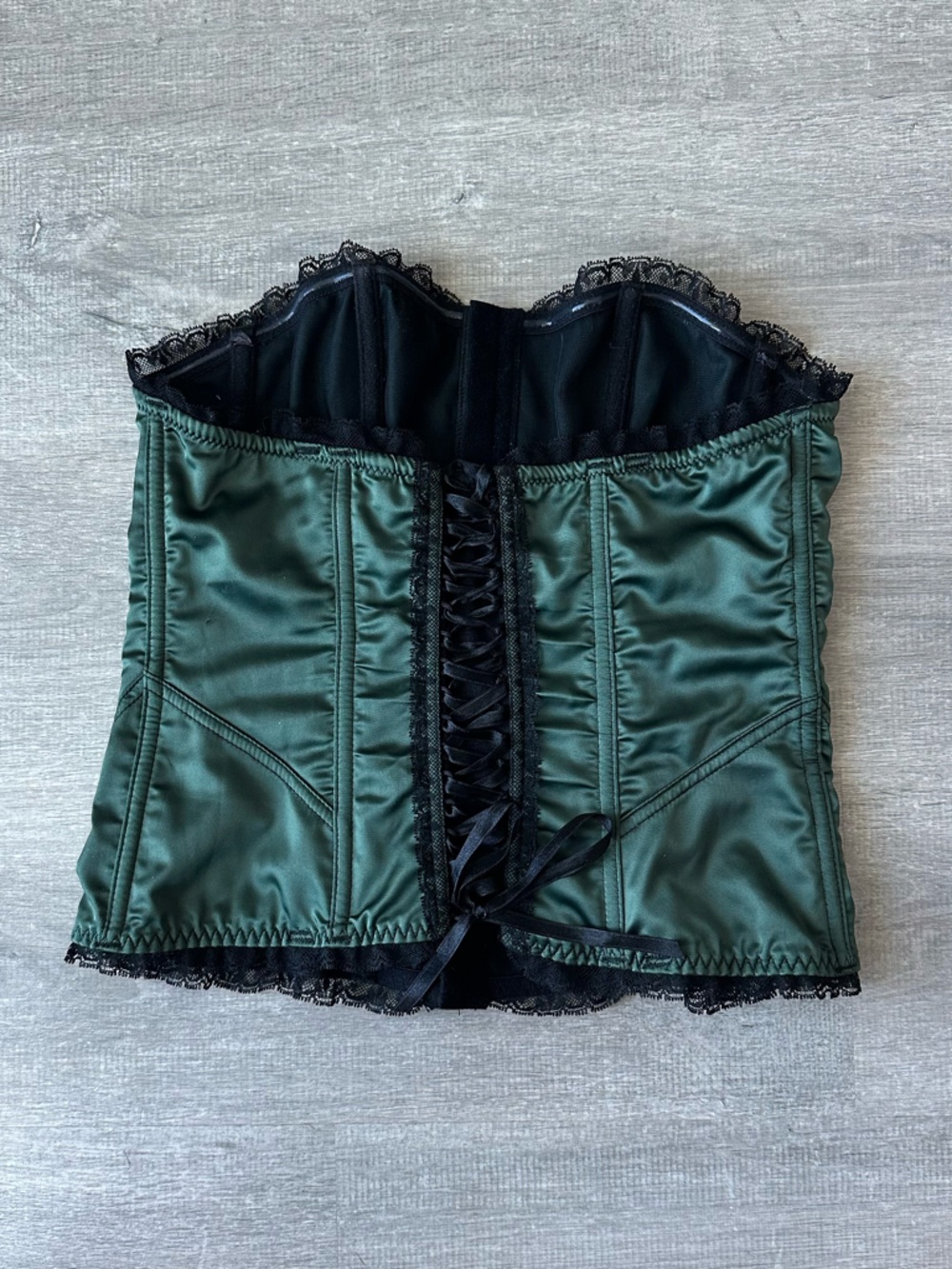 Blush Emerald Green Satin & Black Lace Corset Bustier Top